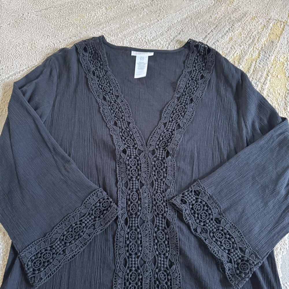 La Blanca black swim coverup Island Fare V-Neck Tunic cotton crochet XL - Picture 5 of 13